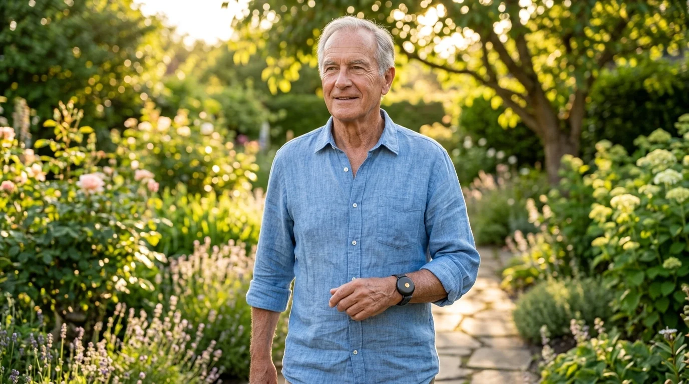 Senior tr&auml;gt Rufivo im Garten